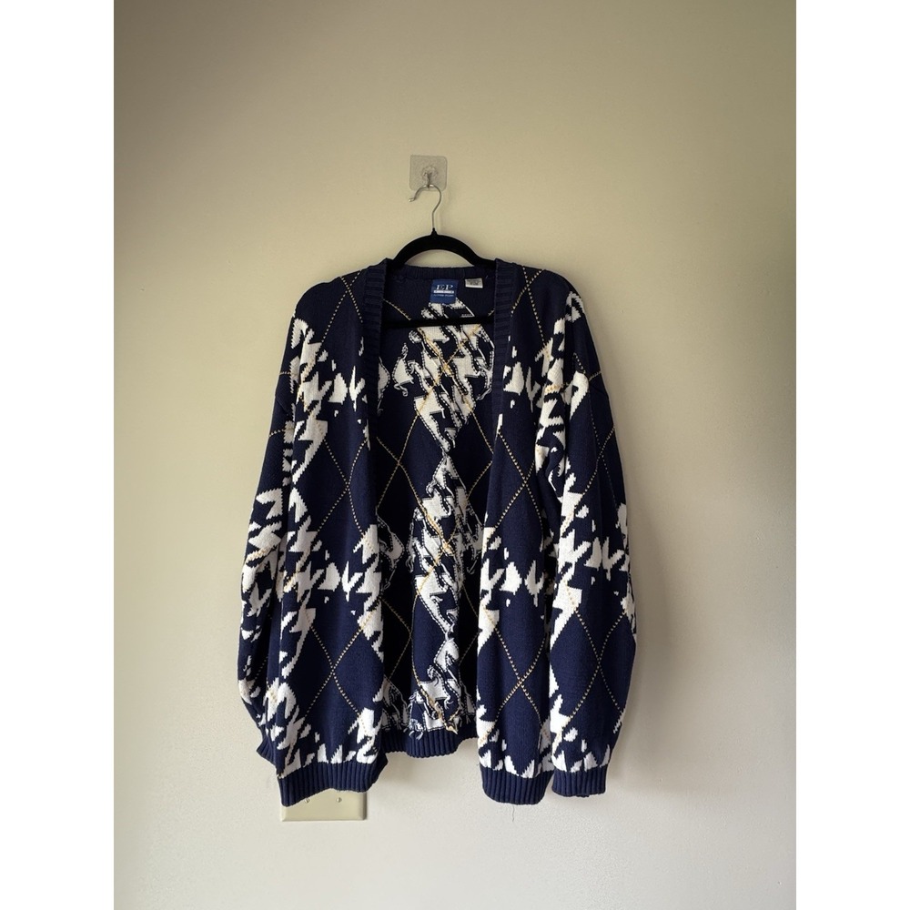 Vtg 80s 90s EP by Evan-Picone Navy Knit Graphic Cardigan Sweater Size M